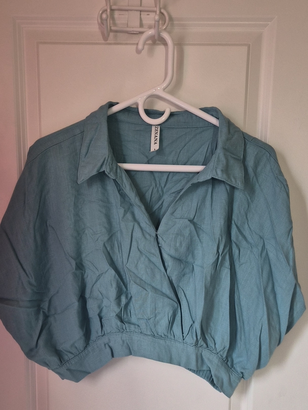 Zenana Outfitters Sky Blue Cropped Button-Front Shirt